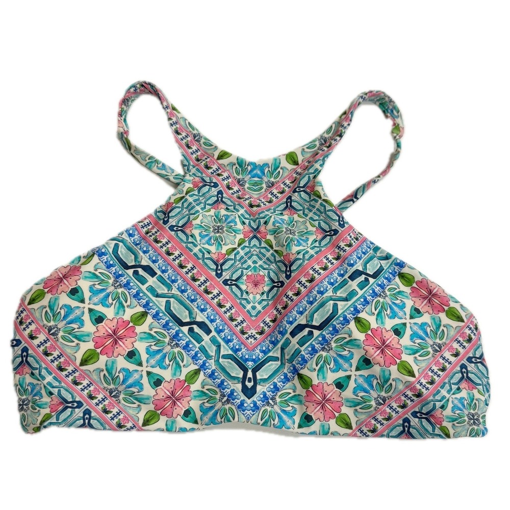 Sunsets Swim Top Womens 36D Blue Pink High Neck Floral Boho Beach